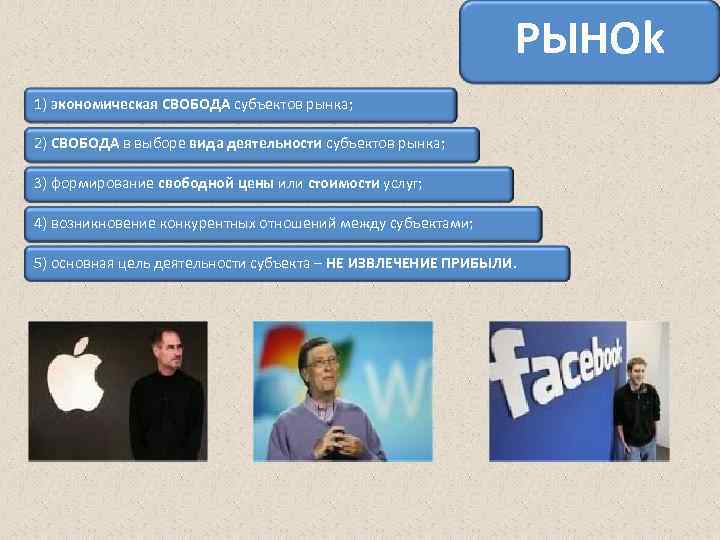 РЫНОk 1) экономическая СВОБОДА субъектов рынка; 2) СВОБОДА в выборе вида деятельности субъектов рынка;