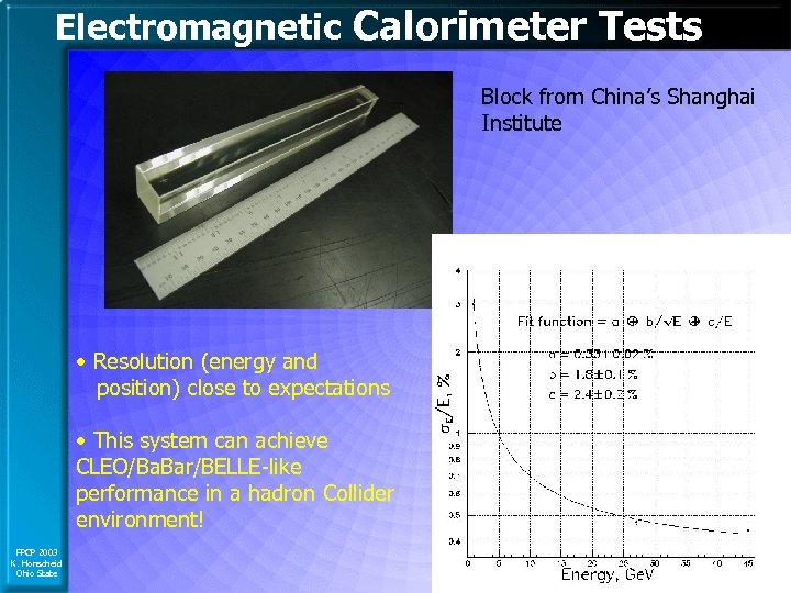 Electromagnetic Calorimeter Tests Block from China’s Shanghai Institute • Resolution (energy and position) close