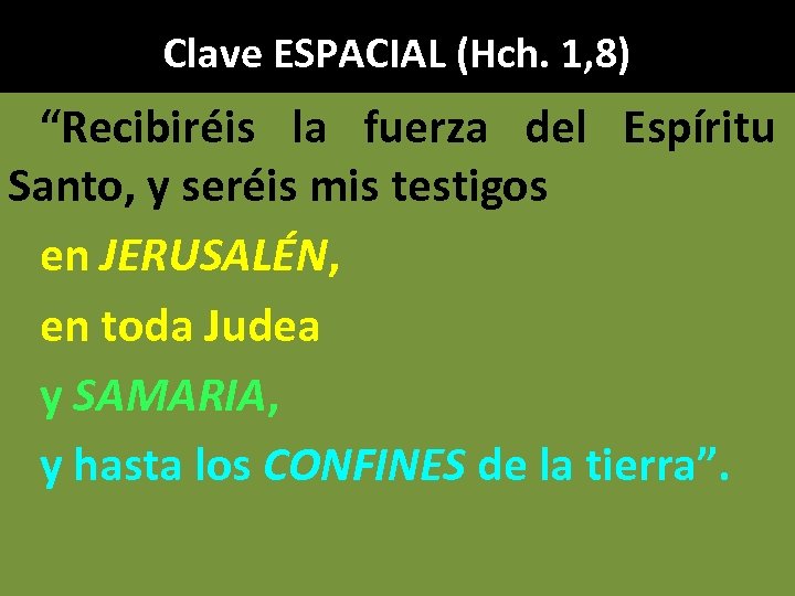 Clave ESPACIAL (Hch. 1, 8) “Recibiréis la fuerza del Espíritu Santo, y seréis mis