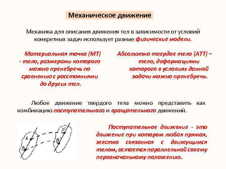 Механическое движение Механика для описания движения тел в зависимости от условий конкретных задач использует