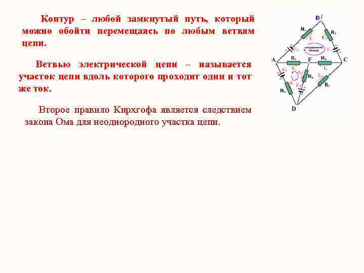 Контур – любой замкнутый путь, который можно обойти перемещаясь по любым ветвям цепи. Ветвью