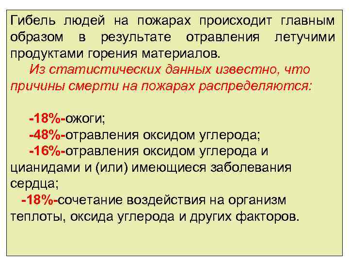 Гибель людей на пожарах происходит главным образом в результате отравления летучими продуктами горения материалов.