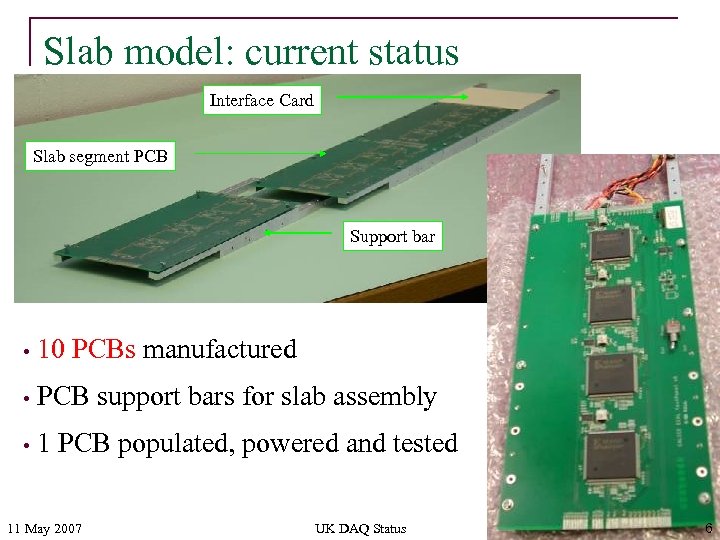 Slab model: current status Interface Card Slab segment PCB Support bar • 10 PCBs