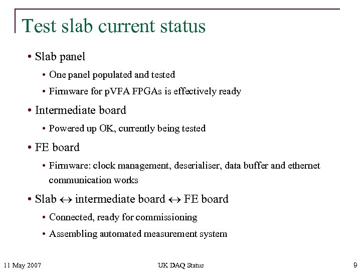 Test slab current status • Slab panel • One panel populated and tested •