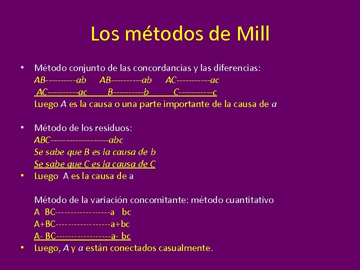 Los métodos de Mill • Método conjunto de las concordancias y las diferencias: AB----------ab