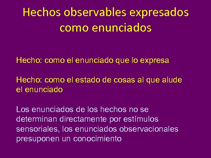 Hechos observables expresados como enunciados Hecho: como el enunciado que lo expresa Hecho: como