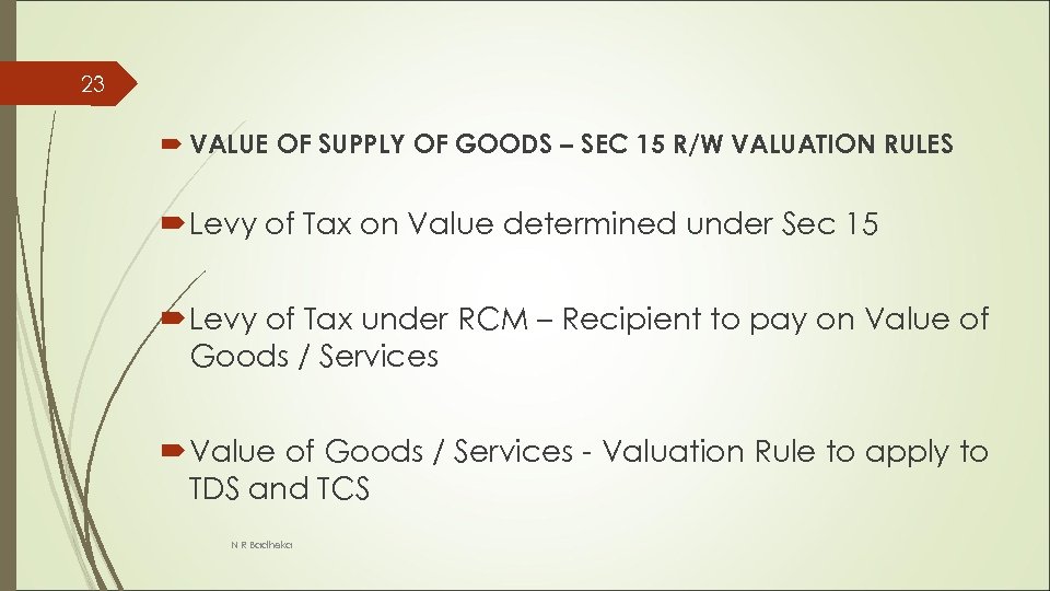 23 VALUE OF SUPPLY OF GOODS – SEC 15 R/W VALUATION RULES Levy of