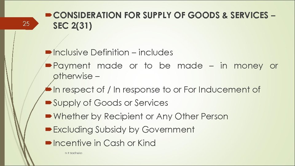 25 CONSIDERATION FOR SUPPLY OF GOODS & SERVICES – SEC 2(31) Inclusive Definition –