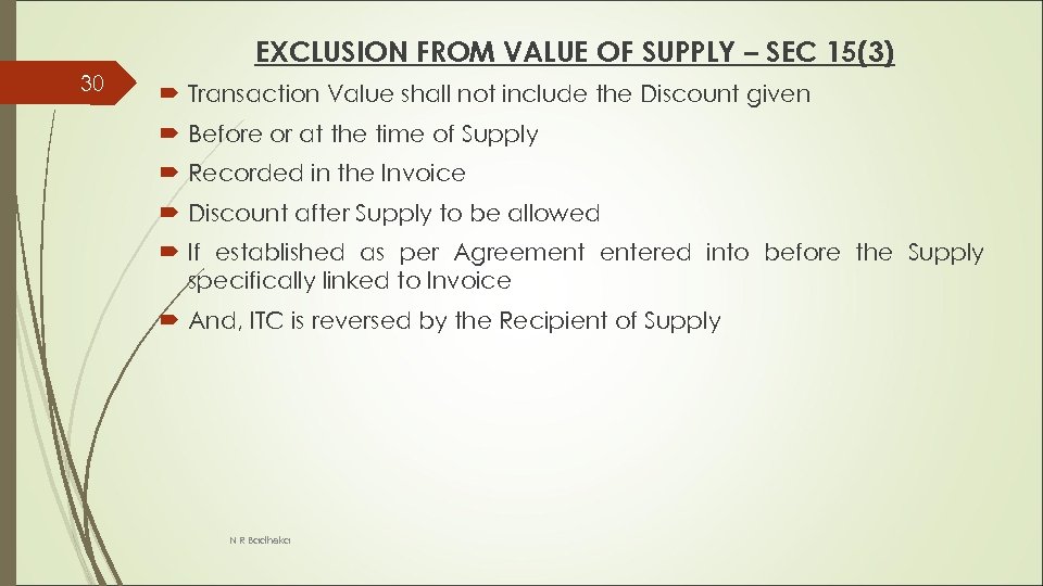 EXCLUSION FROM VALUE OF SUPPLY – SEC 15(3) 30 Transaction Value shall not include
