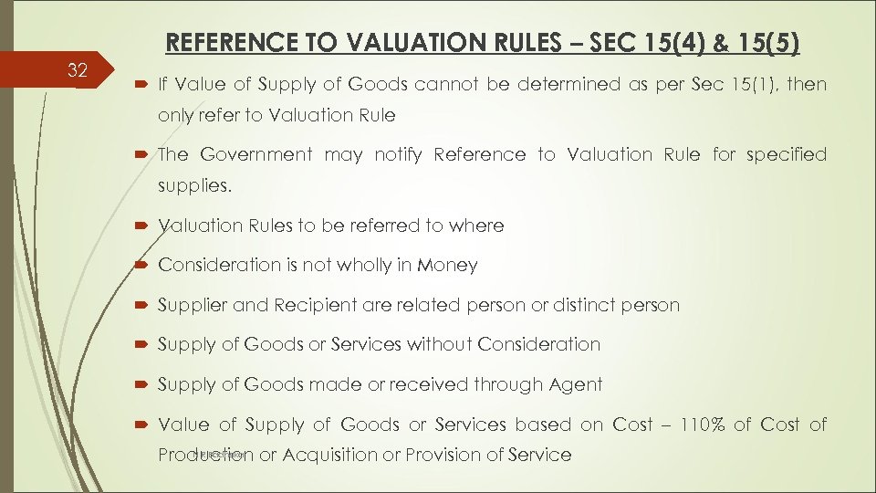 REFERENCE TO VALUATION RULES – SEC 15(4) & 15(5) 32 If Value of Supply