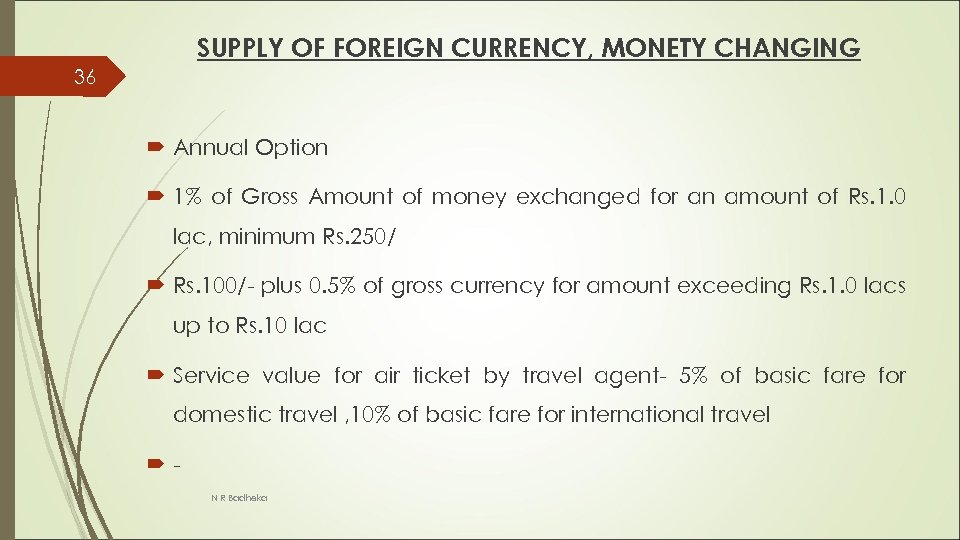 SUPPLY OF FOREIGN CURRENCY, MONETY CHANGING 36 Annual Option 1% of Gross Amount of