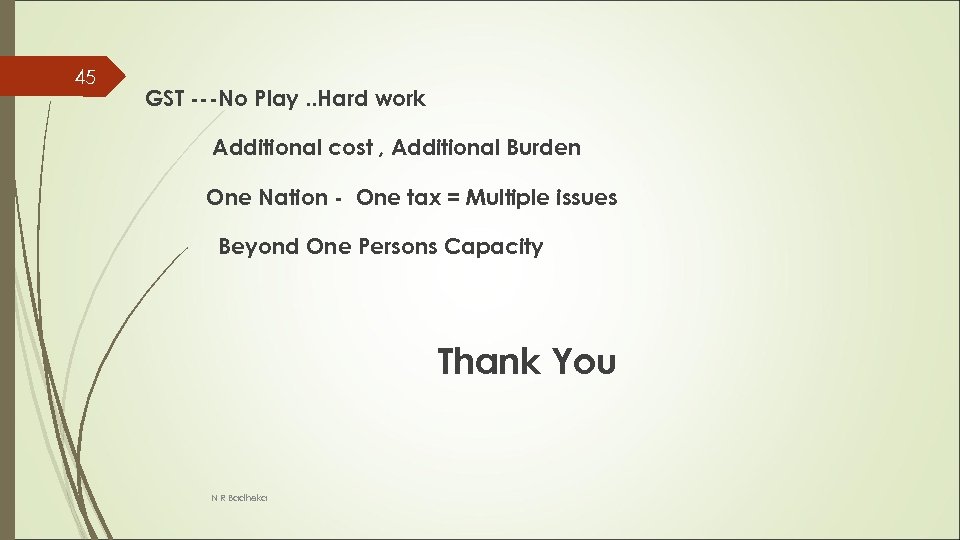 45 GST ---No Play. . Hard work Additional cost , Additional Burden One Nation