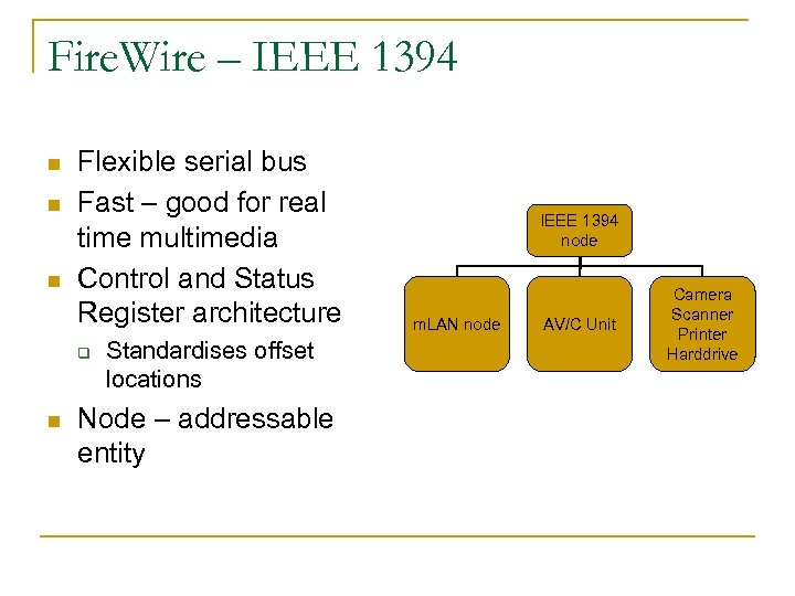 Fire. Wire – IEEE 1394 n n n Flexible serial bus Fast – good