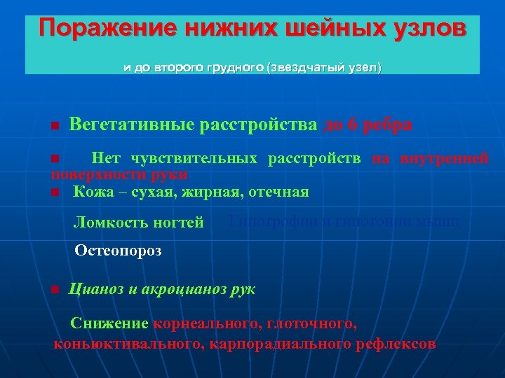 Поражение нижних шейных узлов и до второго грудного (звездчатый узел) n Вегетативные расстройства до