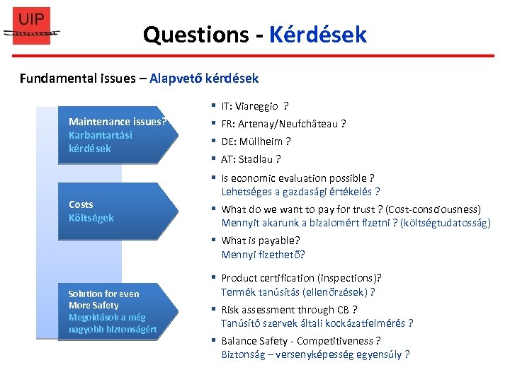 Questions - Kérdések Fundamental issues – Alapvető kérdések § IT: Viareggio ? Maintenance issues?