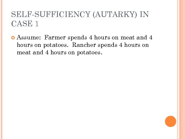 SELF-SUFFICIENCY (AUTARKY) IN CASE 1 Assume: Farmer spends 4 hours on meat and 4