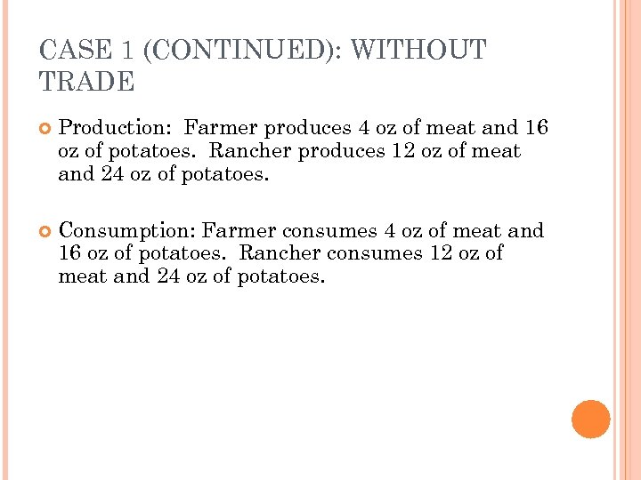 CASE 1 (CONTINUED): WITHOUT TRADE Production: Farmer produces 4 oz of meat and 16