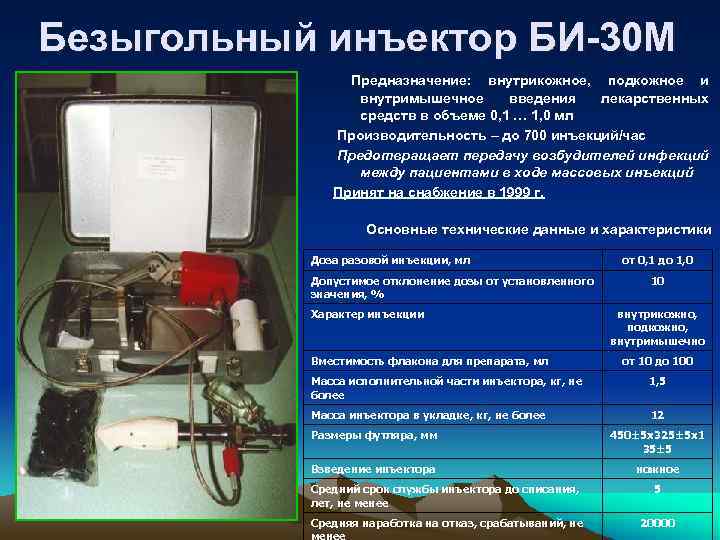 Безыгольный инъектор БИ-30 М Предназначение: внутрикожное, подкожное и внутримышечное введения лекарственных средств в объеме