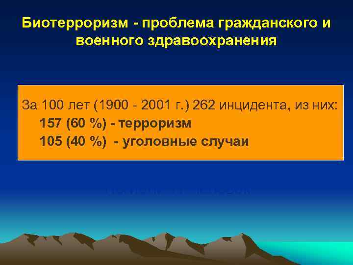 Биотерроризм - проблема гражданского и военного здравоохранения За 100 лет (1900 - 2001 г.