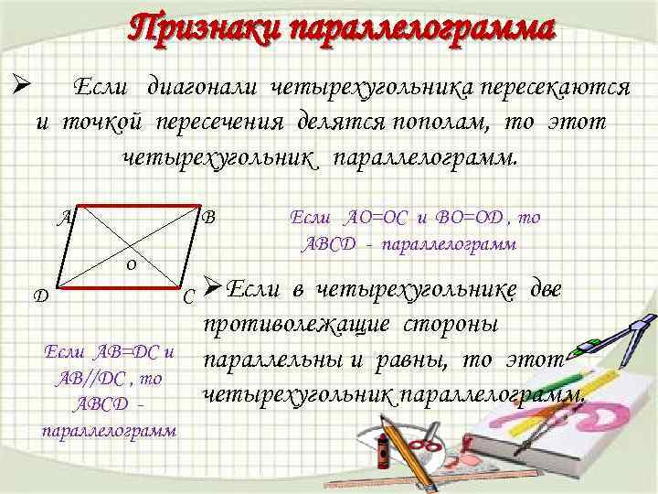 Рисунок диагонали параллелограмма точкой пересечения делятся пополам