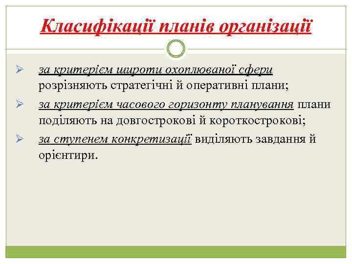 Класифікації планів організації Ø Ø Ø за критерієм широти охоплюваної сфери розрізняють стратегічні й