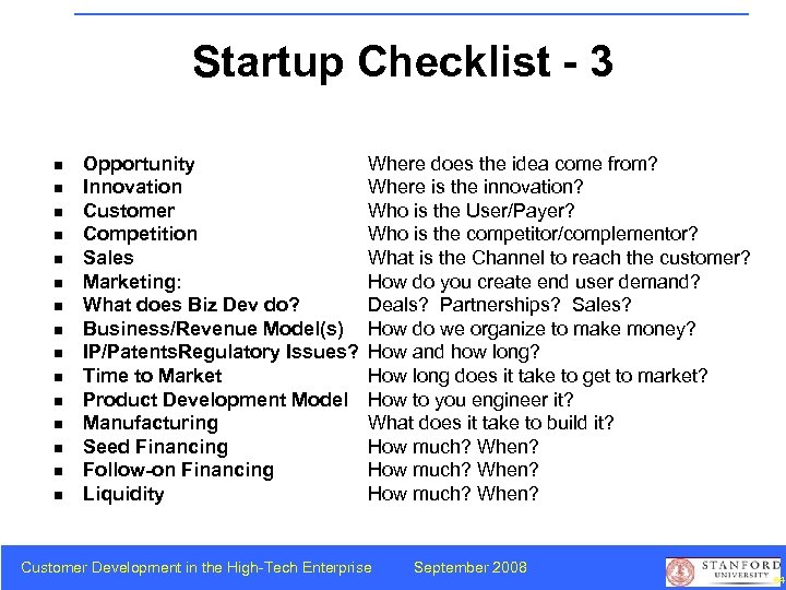 Startup Checklist - 3 n n n n Opportunity Innovation Customer Competition Sales Marketing: