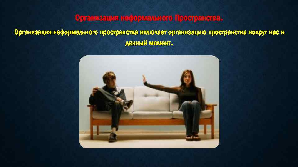 Организация неформального Пространства. Организация неформального пространства включает организацию пространства вокруг нас в данный момент.