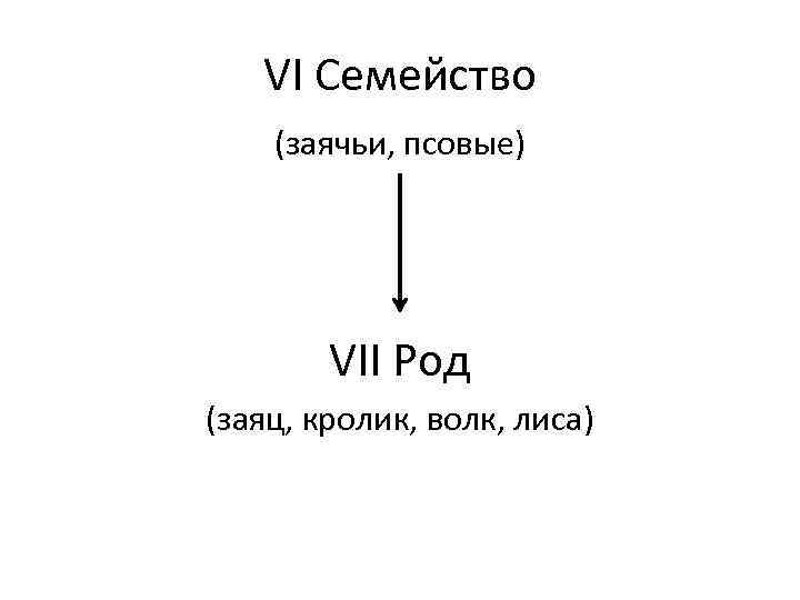 VI Семейство (заячьи, псовые) VII Род (заяц, кролик, волк, лиса) 