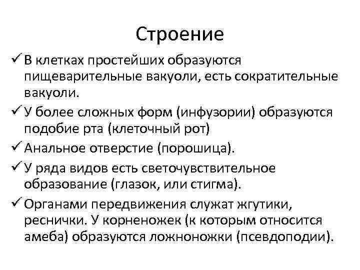 Строение ü В клетках простейших образуются пищеварительные вакуоли, есть сократительные вакуоли. ü У более