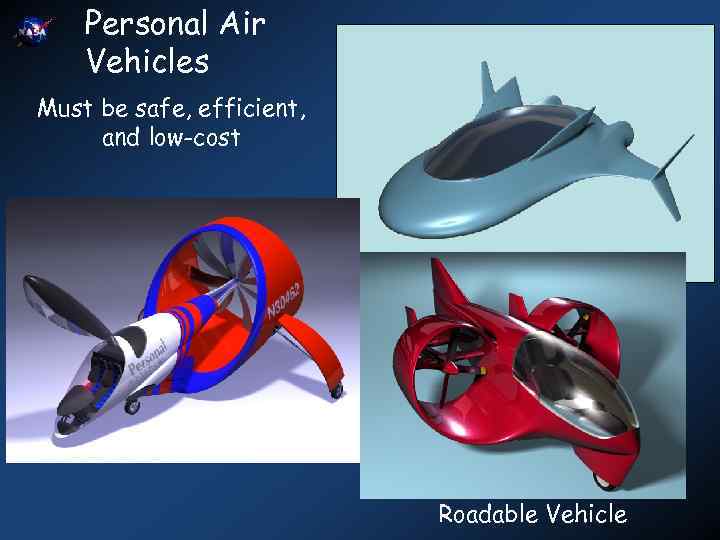 Personal Air Vehicles Must be safe, efficient, and low-cost Roadable Vehicle 