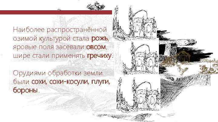 Наиболее распространённой озимой культурой стала рожь, яровые поля засевали овсом, шире стали применять гречиху.