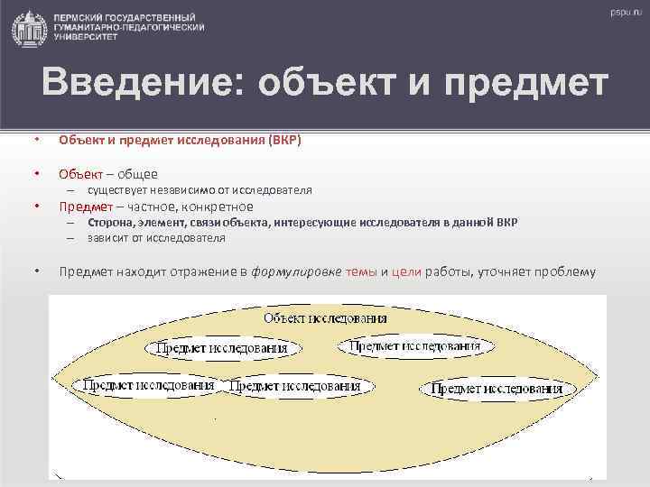 Введение: объект и предмет • Объект и предмет исследования (ВКР) • Объект – общее