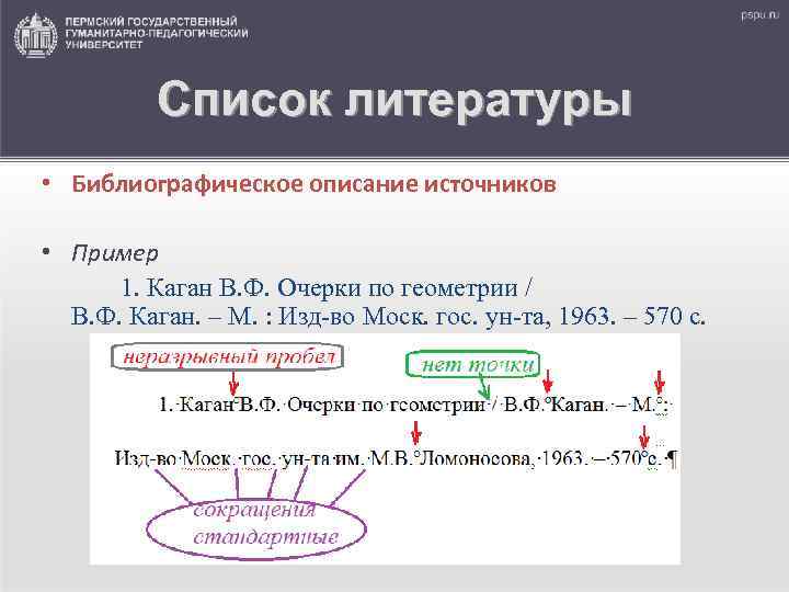 Список литературы • Библиографическое описание источников • Пример 1. Каган В. Ф. Очерки по