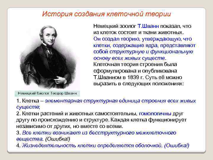 История создания клеточной теории Немецкий зоолог Т. Шванн показал, что из клеток состоят и