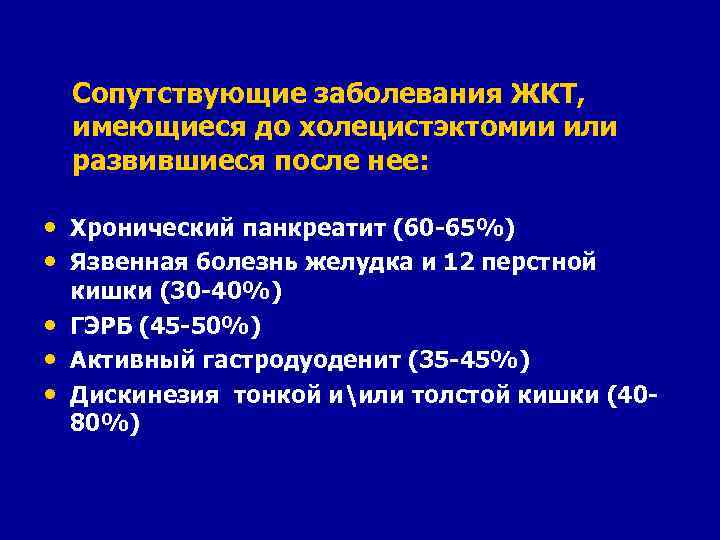 Сопутствующие заболевания ЖКТ, имеющиеся до холецистэктомии или развившиеся после нее: • Хронический панкреатит (60