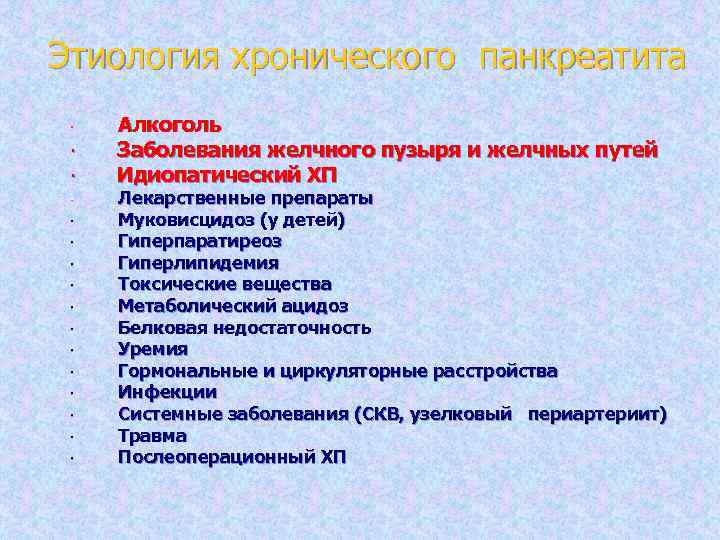 Этиология хронического панкреатита · Алкоголь · Заболевания желчного пузыря и желчных путей · Идиопатический