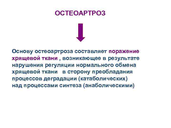 ОСТЕОАРТРОЗ Основу остеоартроза составляет поражение хрящевой ткани , возникающее в результате нарушения регуляции нормального