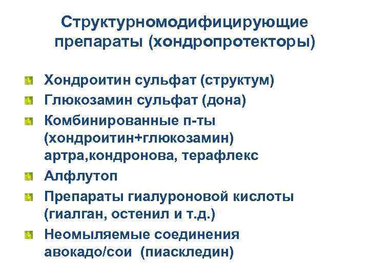 Структурномодифицирующие препараты (хондропротекторы) Хондроитин сульфат (структум) Глюкозамин сульфат (дона) Комбинированные п-ты (хондроитин+глюкозамин) артра, кондронова,