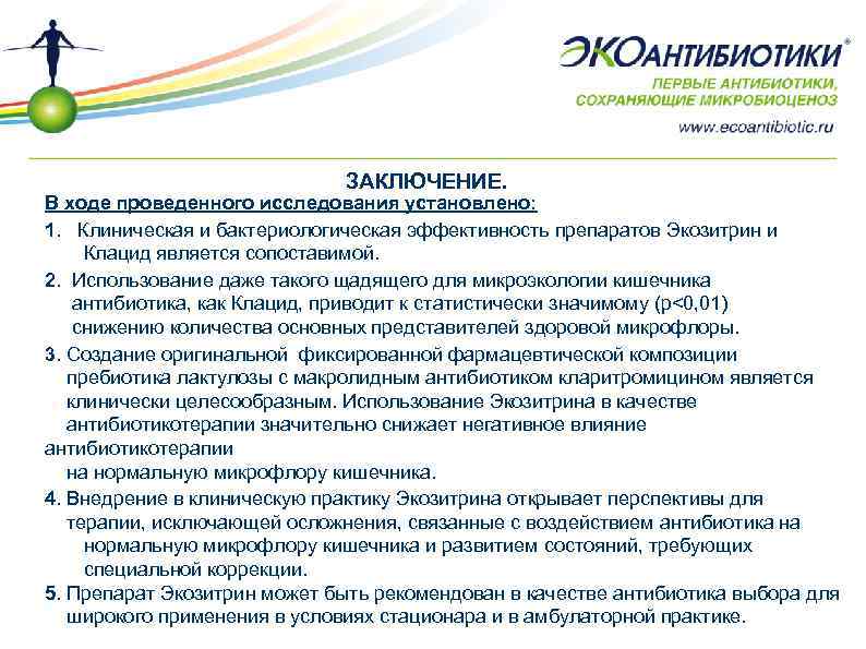 ЗАКЛЮЧЕНИЕ. В ходе проведенного исследования установлено: 1. Клиническая и бактериологическая эффективность препаратов Экозитрин и