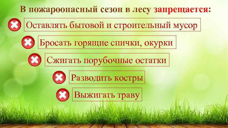 В пожароопасный сезон в лесу запрещается: Оставлять бытовой и строительный мусор Бросать горящие спички,