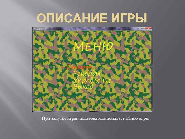 ОПИСАНИЕ ИГРЫ При запуске игры, пользователь попадает Меню игры 