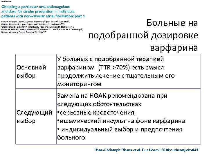 Больные на подобранной дозировке варфарина Основной выбор У больных с подобранной терапией варфарином (TTR