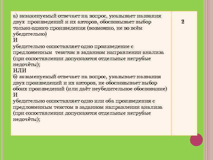 а) экзаменуемый отвечает на вопрос, указывает названия двух произведений и их авторов, обосновывает выбор