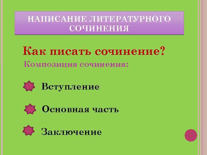 НАПИСАНИЕ ЛИТЕРАТУРНОГО СОЧИНЕНИЯ Как писать сочинение? Композиция сочинения: Вступление Основная часть Заключение 