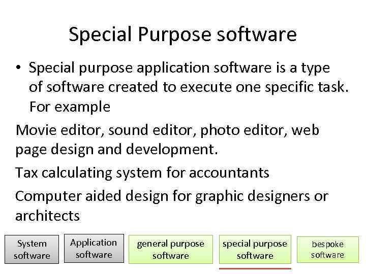 Special Purpose software • Special purpose application software is a type of software created