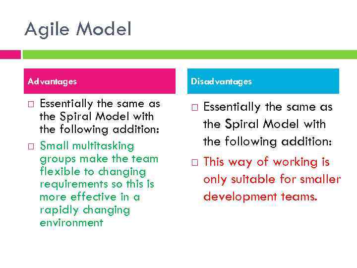 Agile Model Advantages Essentially the same as the Spiral Model with the following addition: