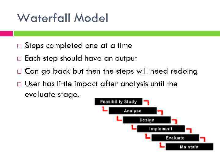 Waterfall Model Steps completed one at a time Each step should have an output