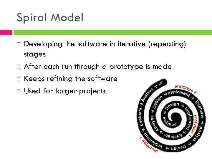 Spiral Model Developing the software in iterative (repeating) stages After each run through a