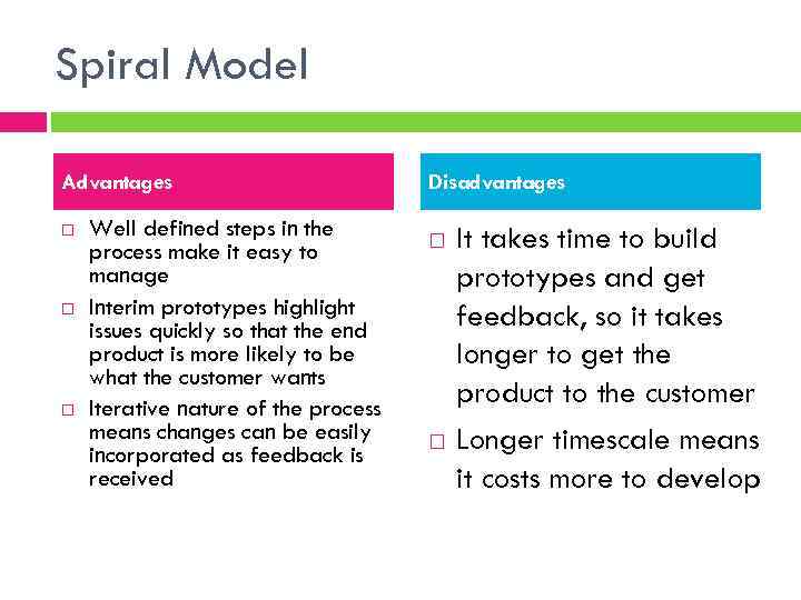 Spiral Model Advantages Well defined steps in the process make it easy to manage