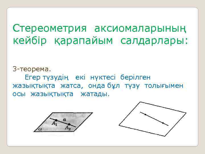 Стереометрия аксиомаларының кейбір қарапайым салдарлары: 3 -теорема. Егер түзудің екі нүктесі берілген жазықтықта жатса,